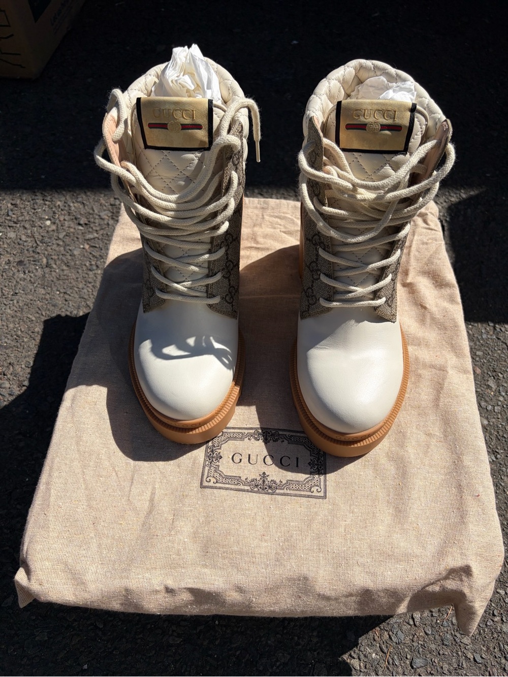 Brand new Gucci Cream Leather & GG Canvas Lace-Up High-Top Boots